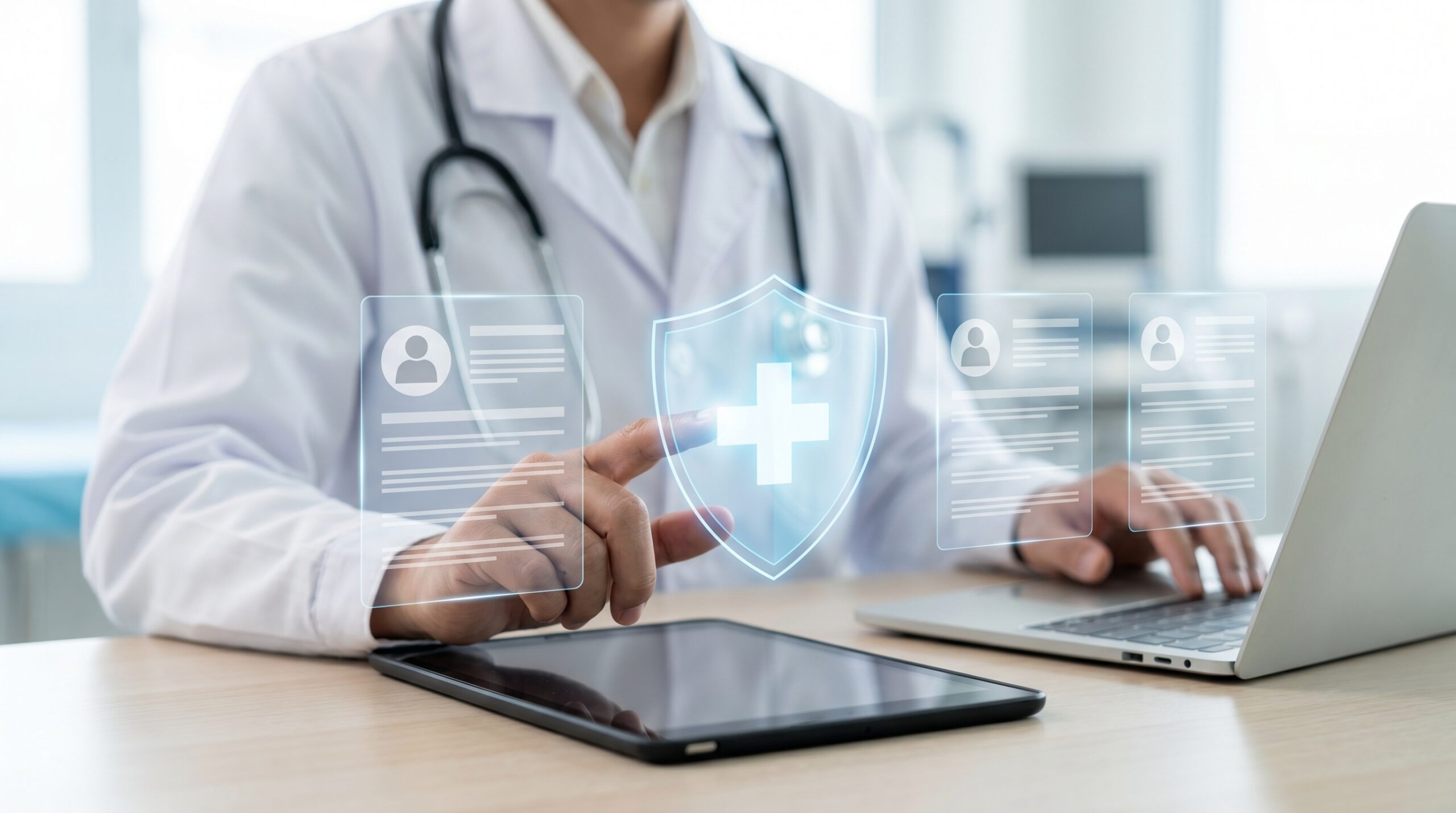 Medico al computer con dati sanitari protetti con un'icona di uno scudo con simbolo ‘più’, che indica la sicurezza dei dati dei pazienti.